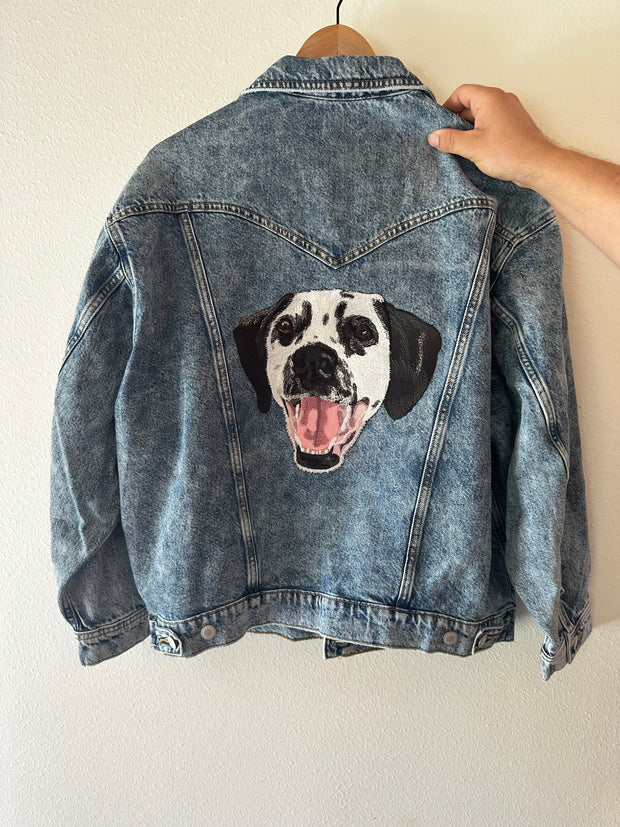 The Ultimate Custom Large Pet Portrait Embroidered Patch Denim Jacket With Pearls