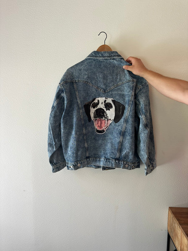 The Ultimate Custom Large Pet Portrait Embroidered Patch Denim Jacket With Pearls